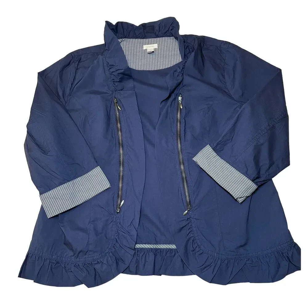 Chicos Jacket Women’s Size 3 US XL Navy Blue Open Front Ruffle Zip Pockets - Picture 2 of 7